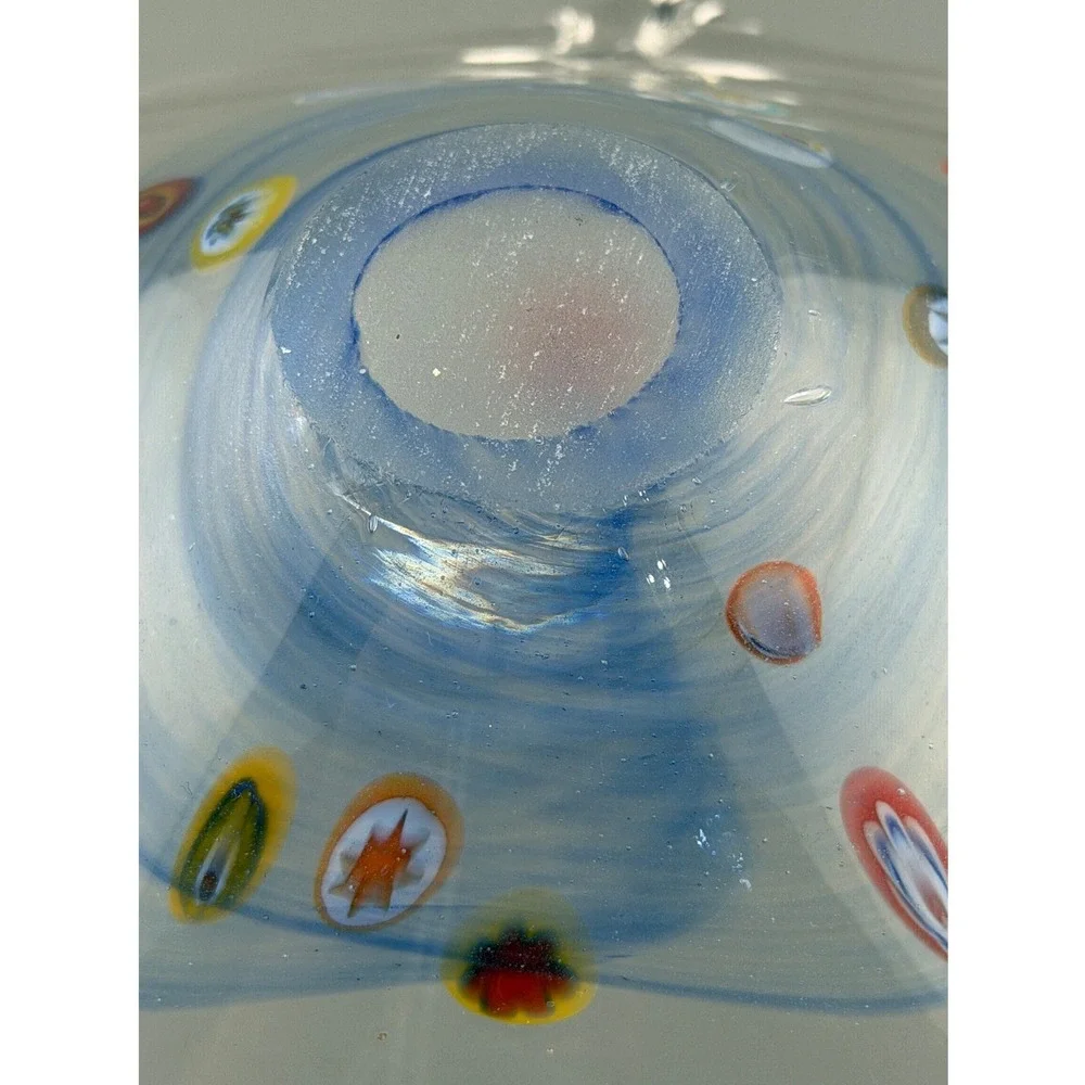 Vintage Murano Style Millefiori Art Glass Bowl Blue Hand Blown Italian 7